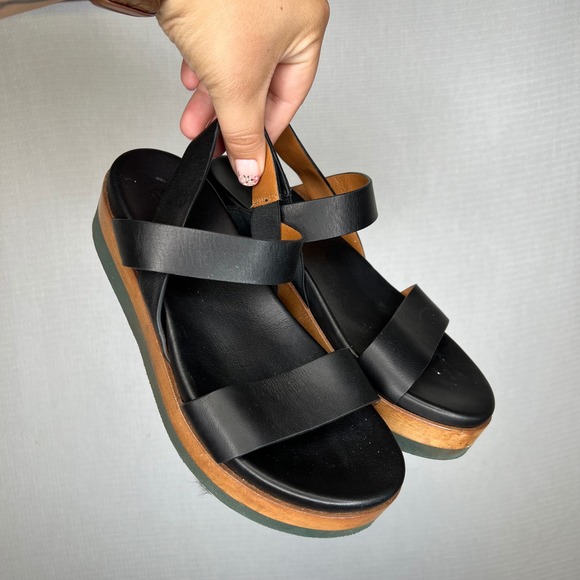 Coclico Dana Wedge Black Womens Platform Sandals Wood Green Sole Strappy Slides - Picture 1 of 9